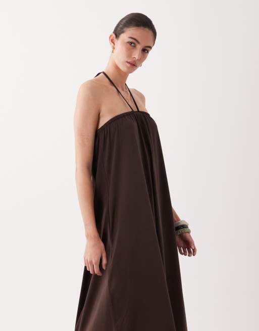 ASOS DESIGN bandeau maxi dress with tie detail in chocolate, 3 of 4