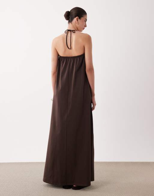 ASOS DESIGN bandeau maxi dress with tie detail in chocolate, 4 of 4