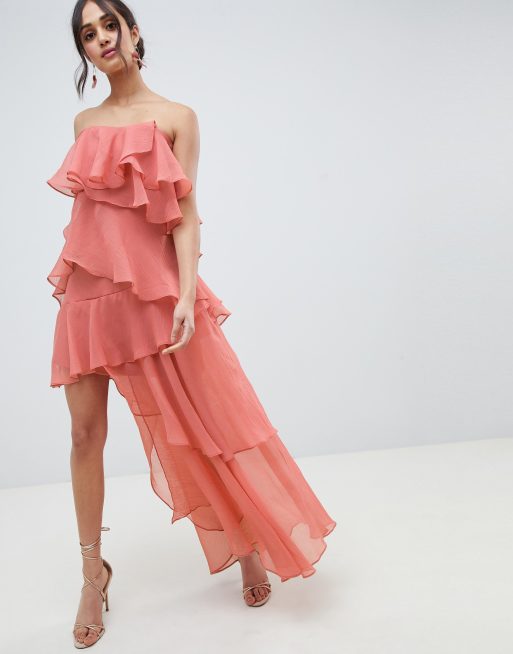 ASOS DESIGN Bandeau maxi dress with tiered ruffles in crinkle