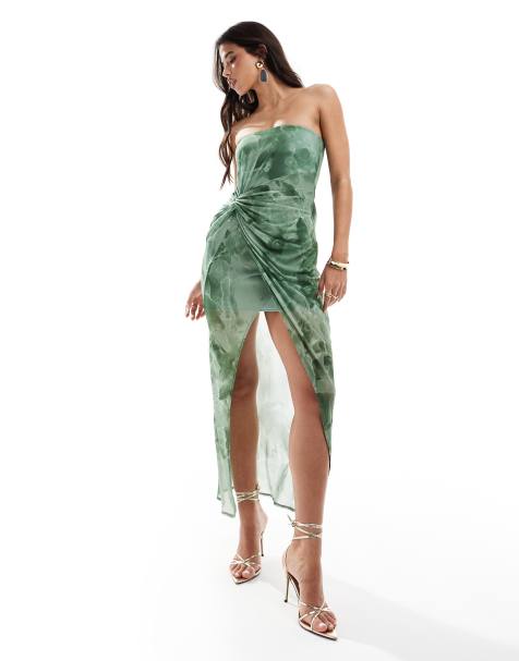 ASOS DESIGN bandeau maxi dress with twist mesh bodice in green floral - view 1