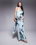 [ASOS DESIGN] ASOS DESIGN bandeau mesh maxi dress with cowl back sash detail in blue floral-Multi 8 Blue Floral Print