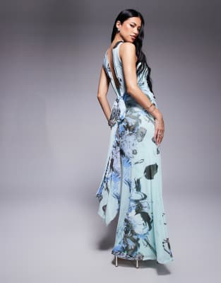 Asos Design Bandeau Mesh Maxi Dress With Cowl Back Sash Detail In Blue
