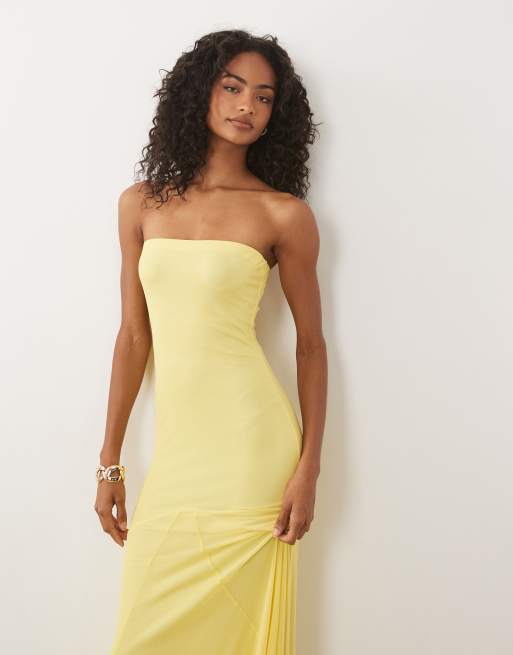 ASOS DESIGN bandeau mesh maxi with godet and train detail in buttermilk, 3 of 4