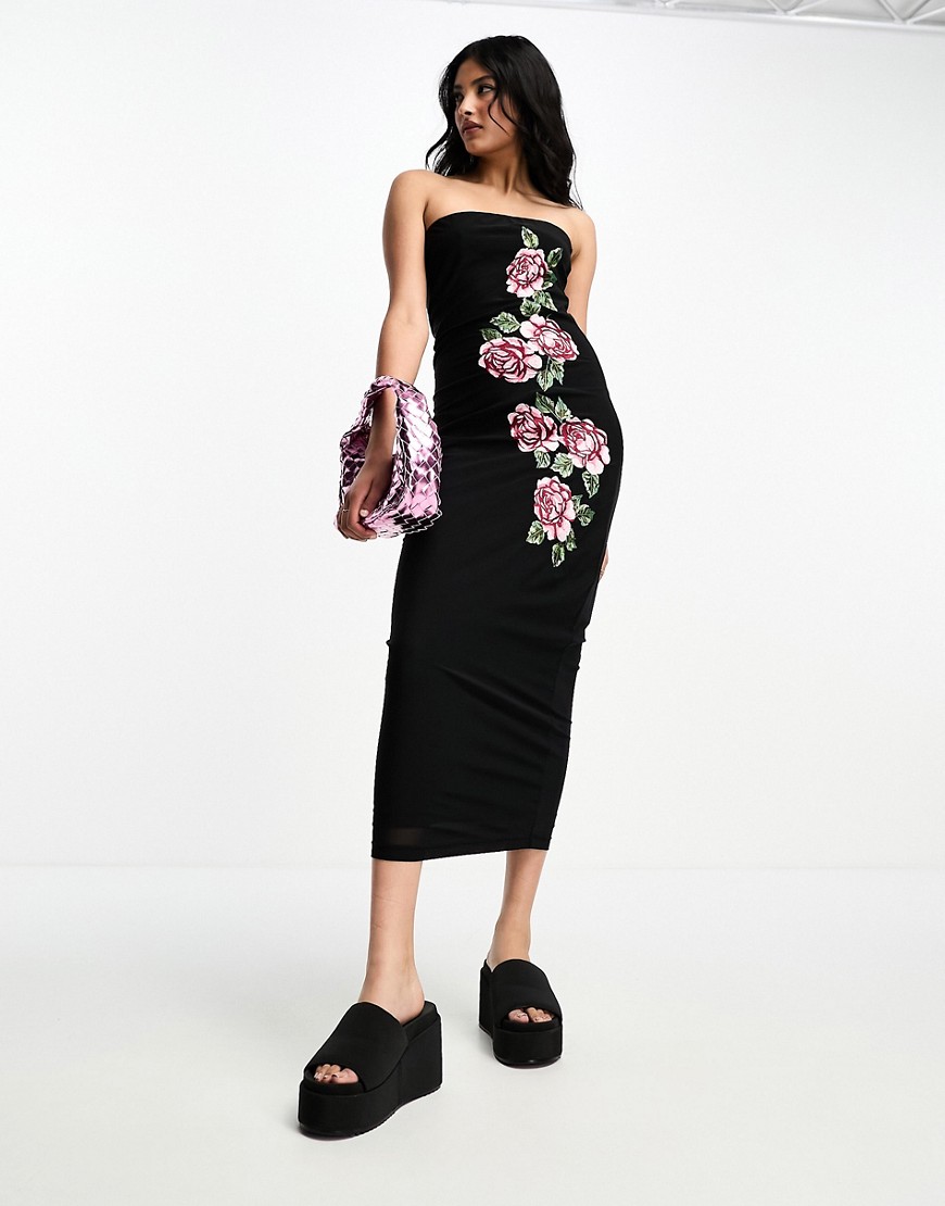 ASOS DESIGN bandeau mesh midi dress with rose embroidered side in black