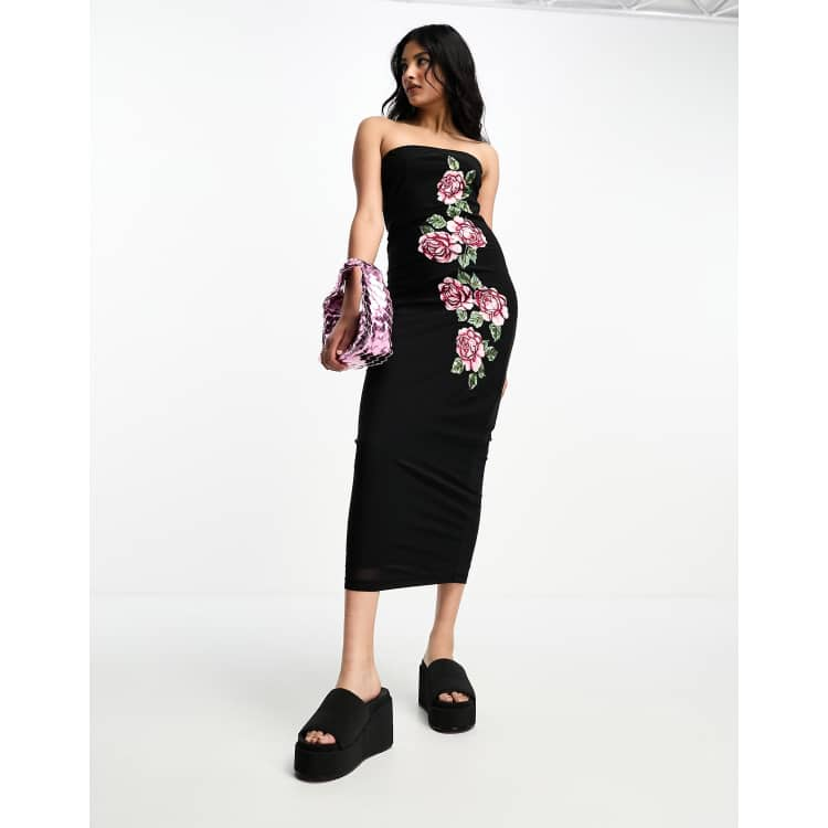 ASOS DESIGN bandeau mesh midi dress with rose embroidered side in black