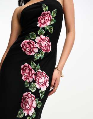 Rose black multi embroidered bodycon outlet dress