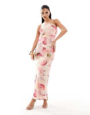 Asos Design Bandeau Mesh Midi Dress With Ruching In Pastel Spring Floral-multi