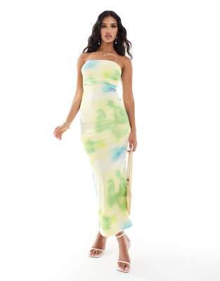 bandeau mesh midi dress with ruching in yellow & blue abstract print-Multi