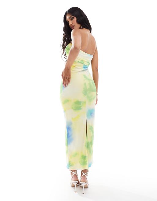 ASOS DESIGN bandeau mesh midi dress with ruching in yellow & blue abstract print, 3 of 4