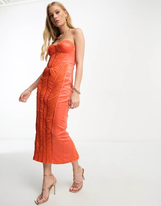 ASOS Design Square Neck Mesh Ruched Maxi Dress with Fringe Detail in Red