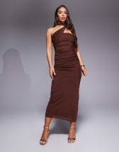 ASOS DESIGN ribbed one-shoulder neck scarf midi dress in chocolate