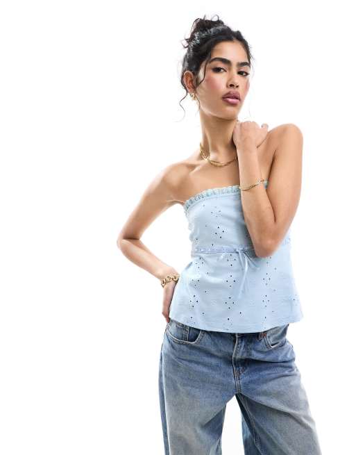 ASOS DESIGN - Bandeau met broderie en lintdetail in babyblauw