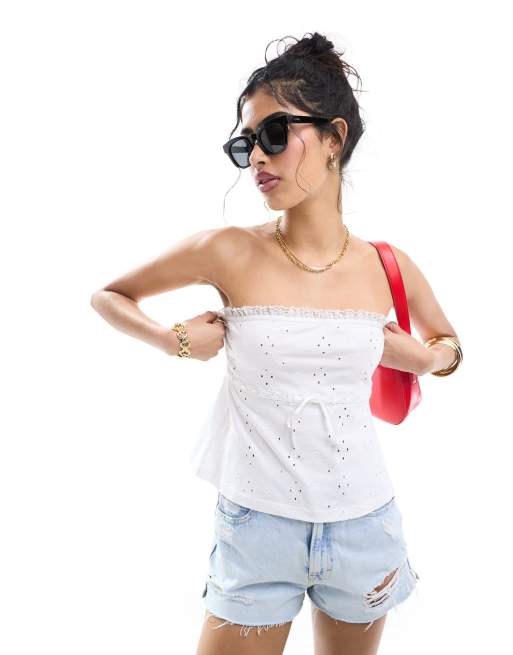 ASOS DESIGN - Bandeau met broderie en lintdetail in wit