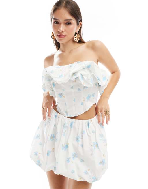 ASOS DESIGN - Bandeau met pofdetail in blauwe met witte bloemenprint, deel van co-ord set