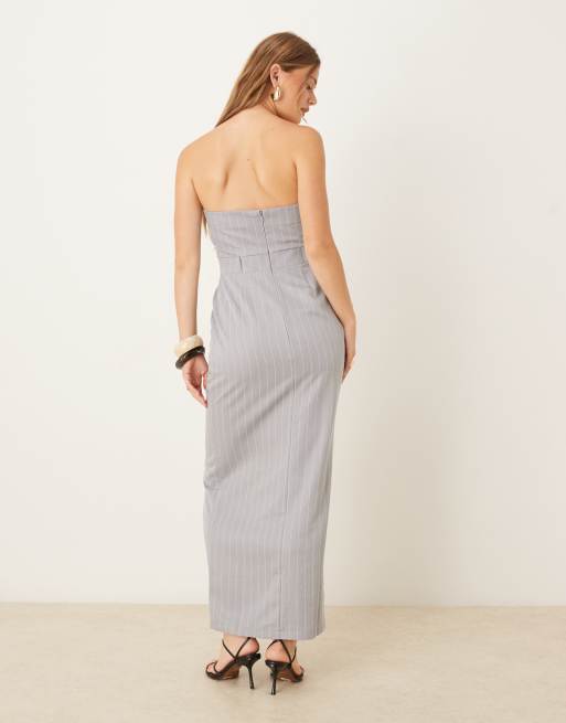 ASOS DESIGN bandeau miaxi dress with front split in grey pinstripe, 3 of 4