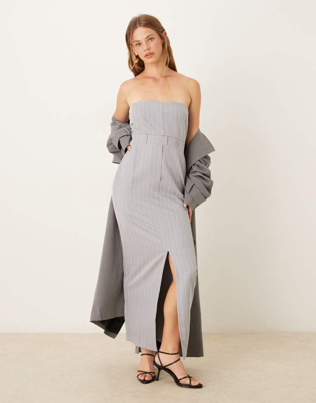 ASOS Design bandeau midaxi dress with front slit in gray pinstripe