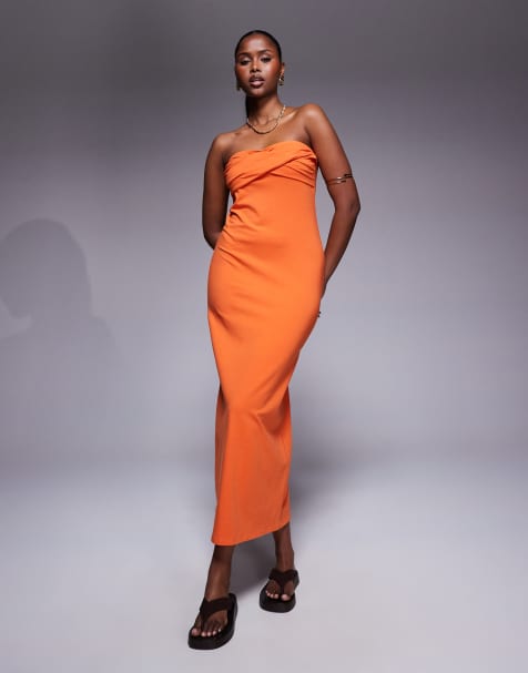 ASOS DESIGN bandeau midaxi dress with twist bust detail in orange - view 1