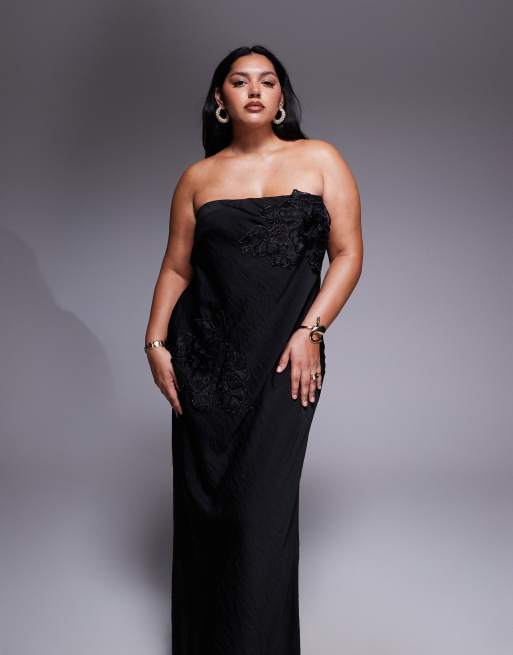 ASOS DESIGN - Bandeau midaxi jurk met bloemenpatch in zwart, 2 van 4