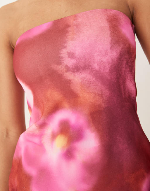 ASOS DESIGN bandeau midi dress in pink floral print in scuba-style fabric