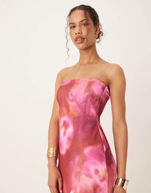 ASOS DESIGN bandeau midi dress in pink floral print in scuba-style fabric