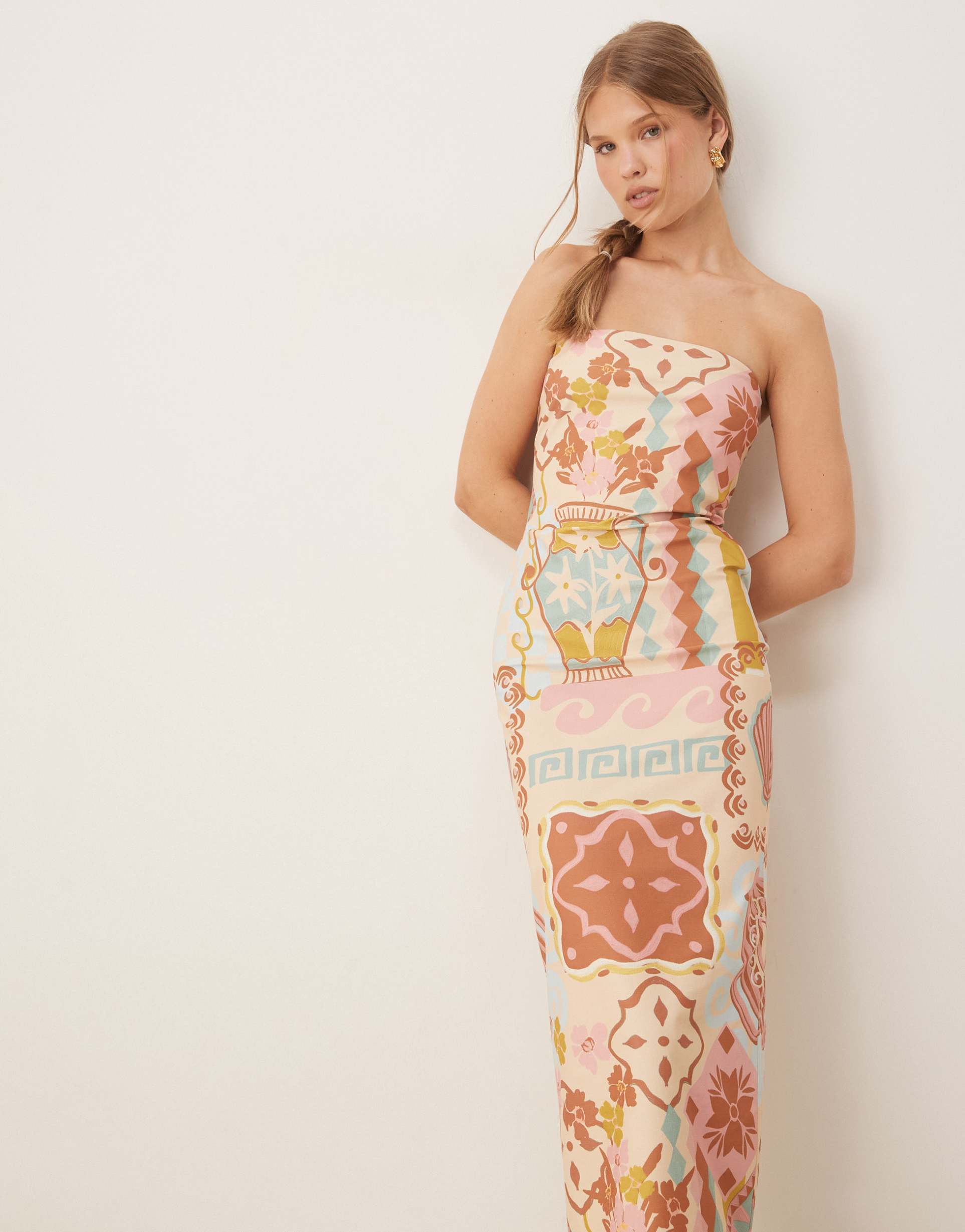 asos design bandeau midi dress in tapestry print