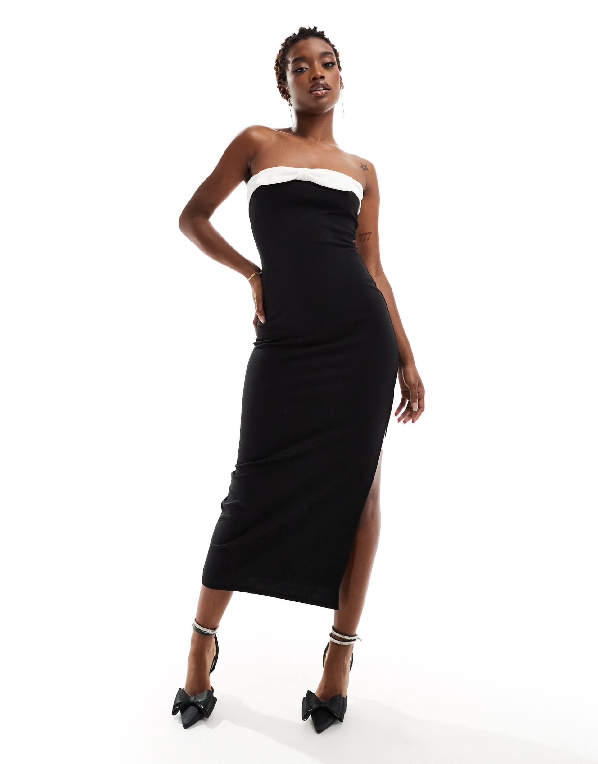asos design bandeau midi dress with contrast bow in black