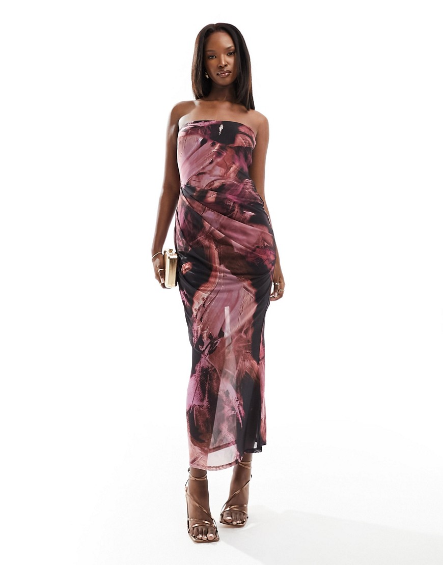 Asos Design Bandeau Midi Dress With Drape Mesh Bodice In Pink Abstract Print-multi