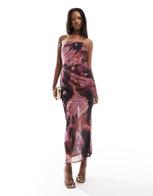 ASOS DESIGN bandeau midi dress with drape mesh bodice in pink abstract  print