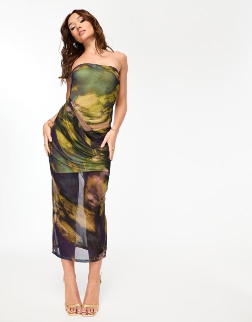 ASOS DESIGN bandeau midi dress with drape mesh in abstract smudge print