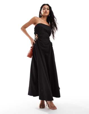 bandeau midi dress with lattice detail waist in black