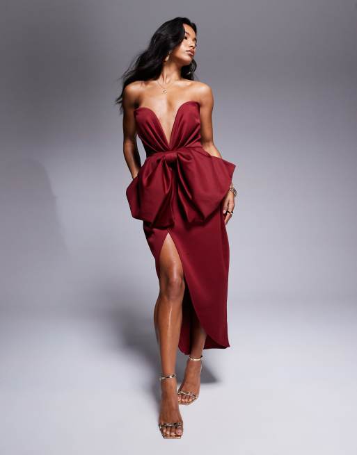 ASOS Design Bandeau Midi Dress with Oversized Bow in burgundy Red