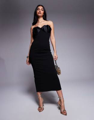 ASOS DESIGN bandeau midi dress with pleated bust cup details in black in scuba-style fabric