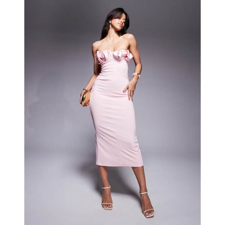 green emerald velvet dress Nevali Bandeau Ruffle Detail Maxi Dress in Dusty Pink main image 0
