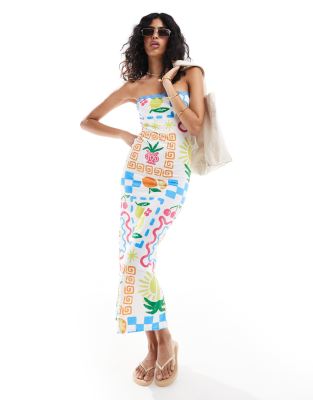 Asos Design Bandeau Midi Dress With Rikrak Trim In Postcard Print-multi
