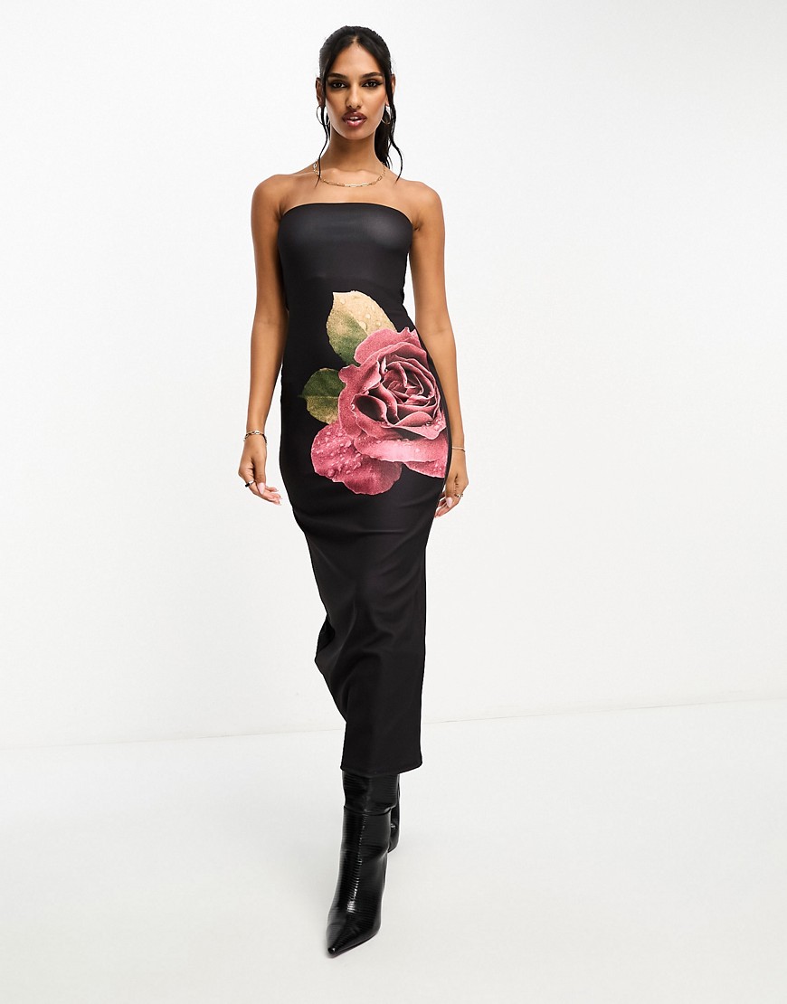 ASOS DESIGN bandeau midi dress with rose print in black