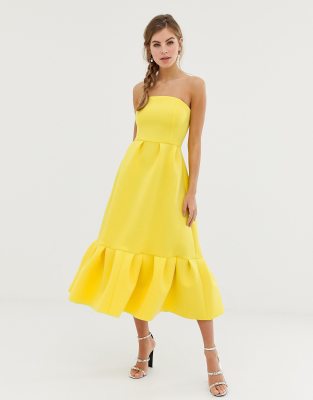 asos design bandeau midi dress with ruffle pep hem