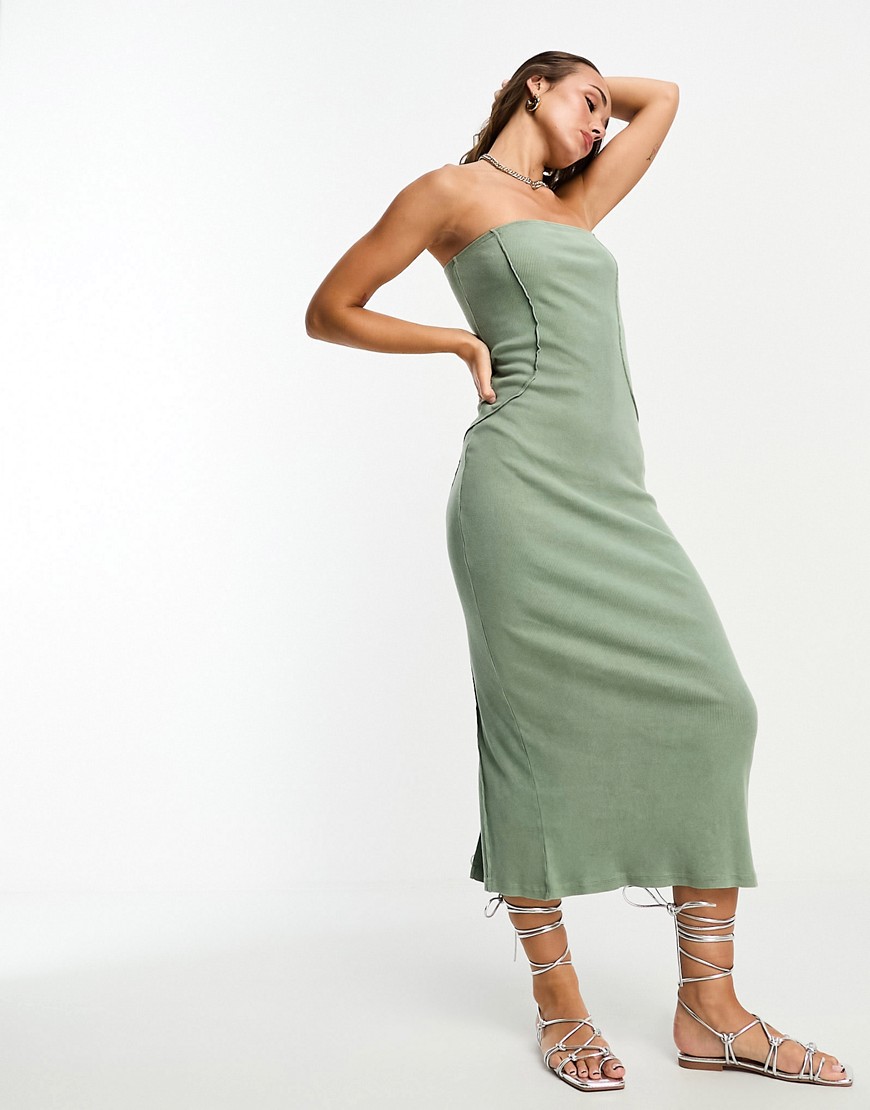 ASOS DESIGN bandeau midi dress with seam detail in washed khaki-Green