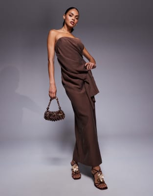 Asos Design Bandeau Midi Dress With Side Pleat Detail In Brown