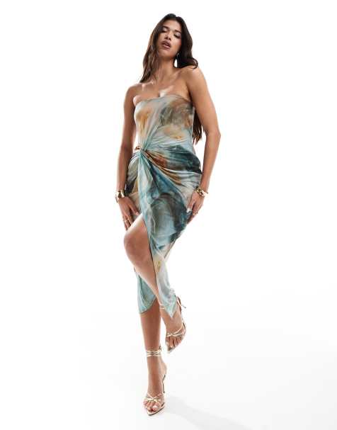 ASOS DESIGN bandeau midi dress with twist mesh bodice in marble print - view 1