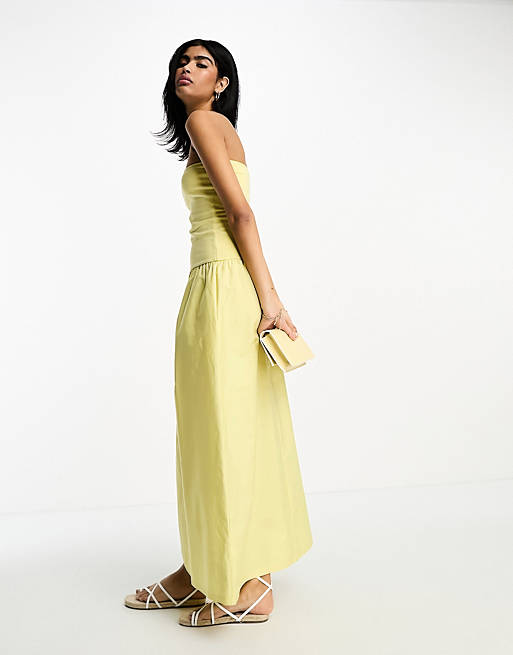 ASOS DESIGN bandeau midi dress with volume skirt in yellow | ASOS