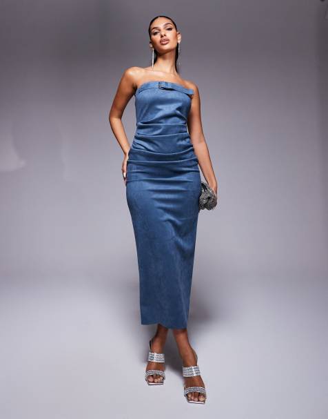 ASOS DESIGN - Bandeau midi-jurk van imitatiesuède met riem in petrolblauw - view 1