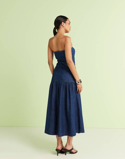 ASOS DESIGN - Bandeau midi jurk van zachte denim met plooien en wassing, 4 van 4