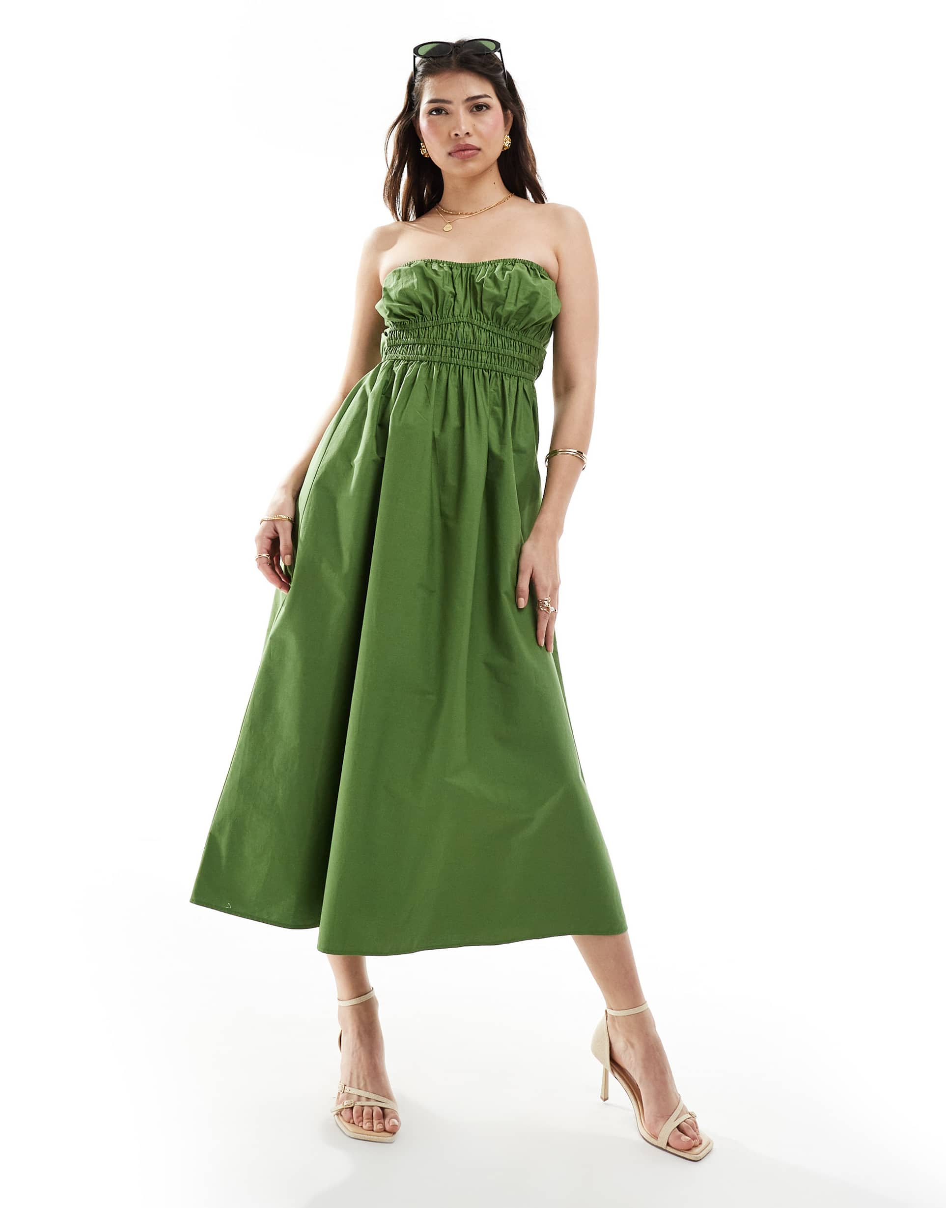 asos design bandeau midi sundress with ruched bust detail in khaki