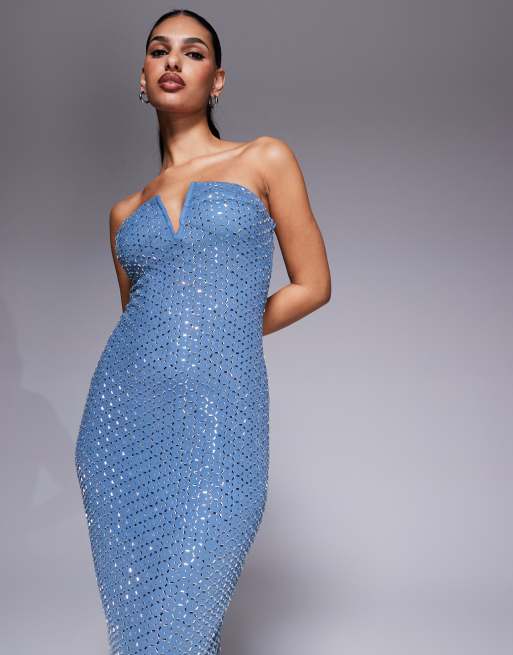 ASOS DESIGN – Bandeau-Midikleid mit Gitter-Hotfix-Verzierung in Silber und V-Ausschnitt, 4 von 4