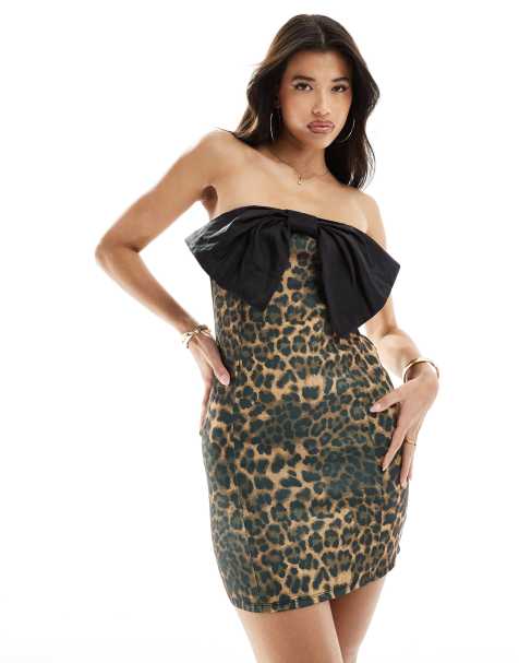 ASOS DESIGN bandeau mini dress with oversized bow in leopard print - view 1