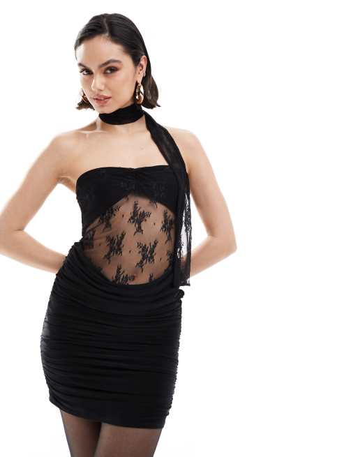 ASOS DESIGN bandeau mini dress with sheer lace top and necktie in black