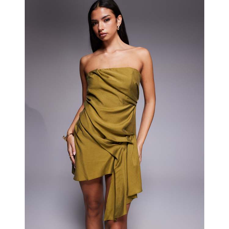 ASOS DESIGN bandeau mini dress with side pleat details in green
