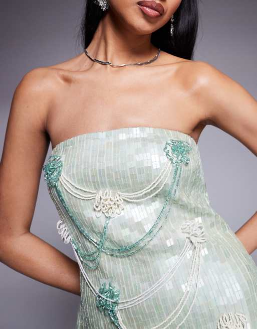 ASOS DESIGN bandeau mini dress with squiggle drip drape detail embellishment in pistachio