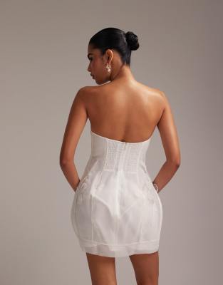 ASOS DESIGN bandeau mini dress with trailing 3D flowers in white | ASOS
