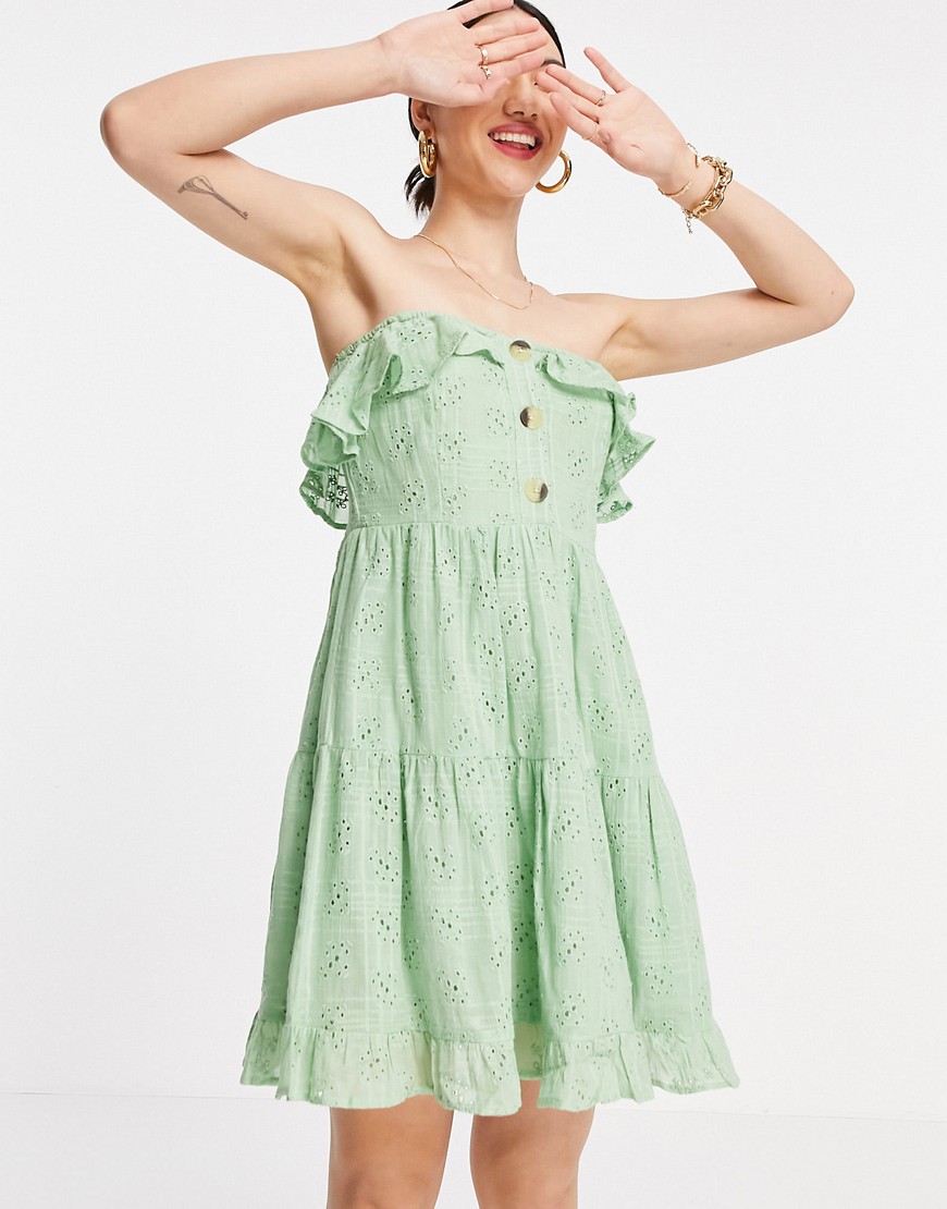 ASOS DESIGN bandeau mini sundress with pephem in broderie in green